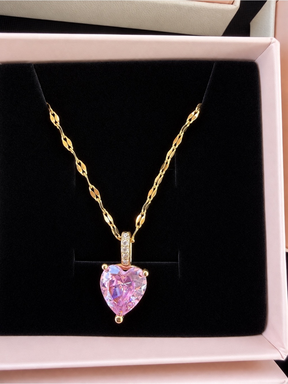 Gold Tone Necklace with Pink Heart Pendant